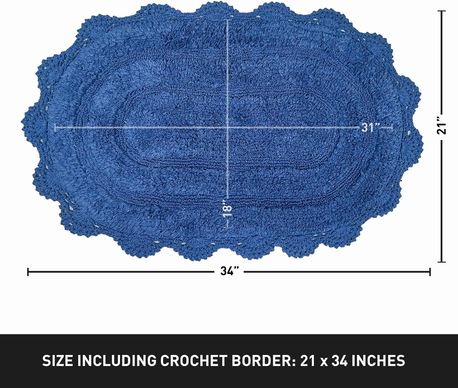 Chardin home Blue Crochet Bathrug, 100% Cotton Oval bathmat with artisanally Handcrafted Crochet Border, 21x34 Inch, Medium Rug, Perfect for Half Baths, Powder Rooms, bathrooms