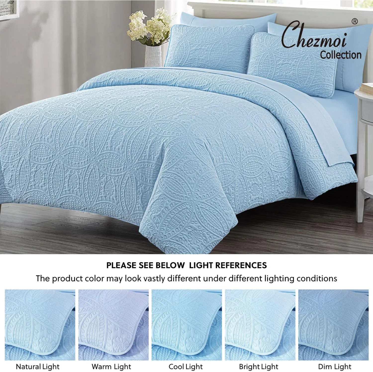 Chezmoi Collection Liam Chambray Blue Queen Size Bed in a Bag Comforter Set - 7 Pieces Coin Pattern Lightweight Comforter with Bed Sheets, Pillowcases & Shams Bedding Set for All Seasons