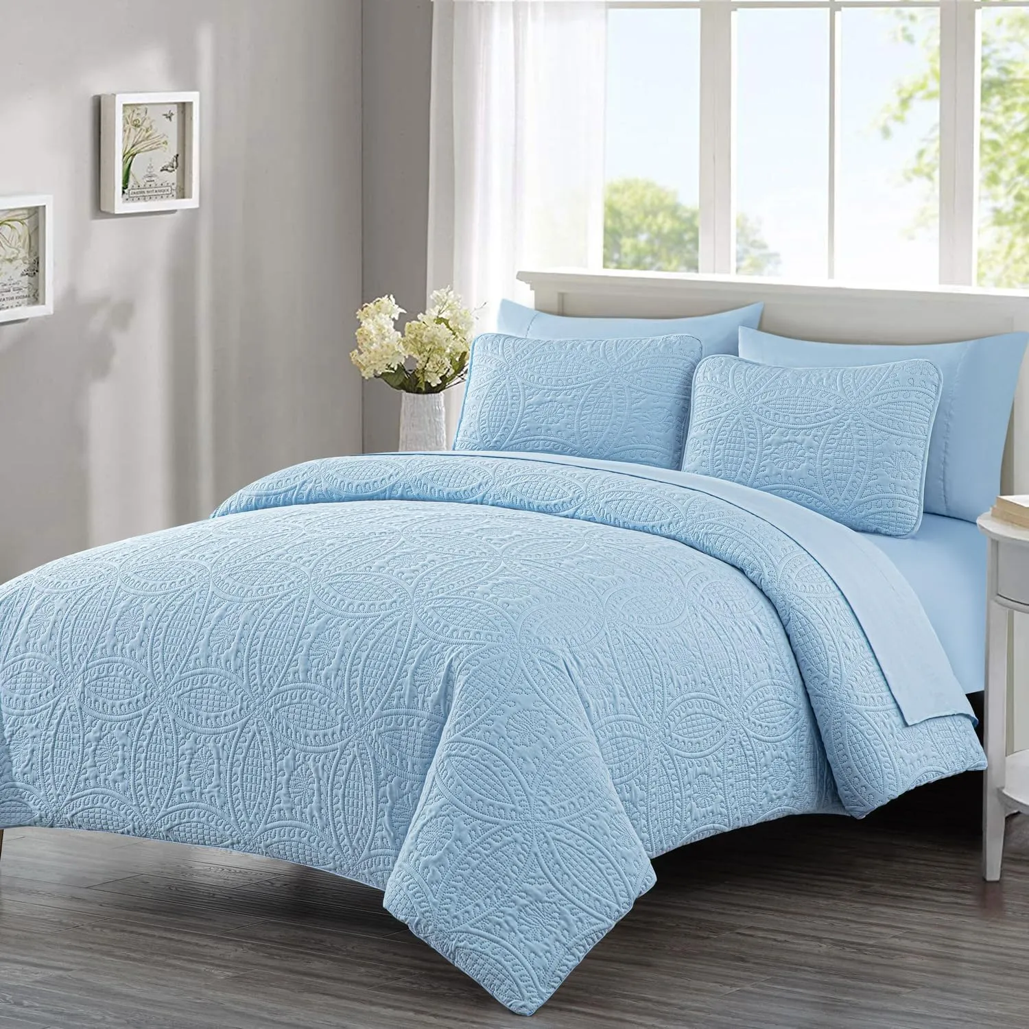 Chezmoi Collection Liam Chambray Blue Queen Size Bed in a Bag Comforter Set - 7 Pieces Coin Pattern Lightweight Comforter with Bed Sheets, Pillowcases & Shams Bedding Set for All Seasons