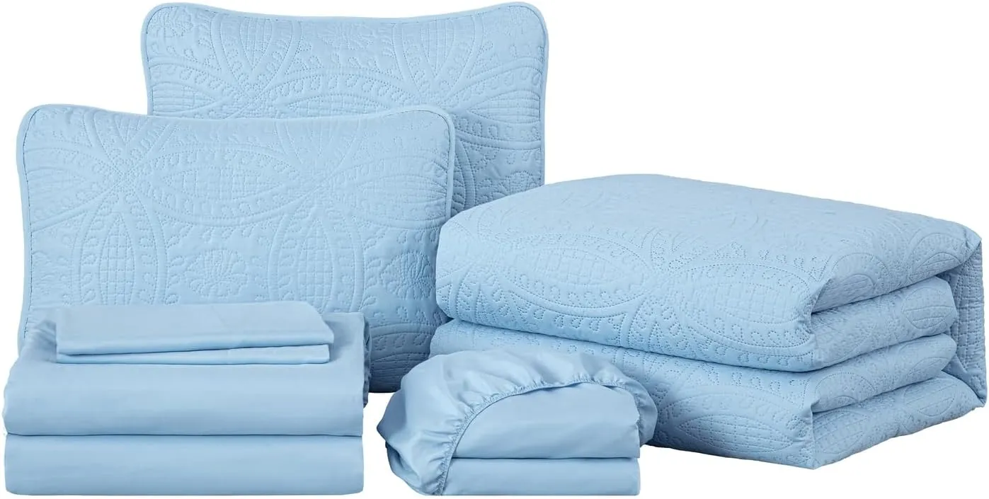 Chezmoi Collection Liam Chambray Blue Queen Size Bed in a Bag Comforter Set - 7 Pieces Coin Pattern Lightweight Comforter with Bed Sheets, Pillowcases & Shams Bedding Set for All Seasons