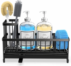 Cisily Extra Large Black Kitchen Sink Caddy Organzier with High Brush Holder, Sponge Holder for Sink, Kitchen Countertop Soap Dispenser Organizer for Decor and Accessories