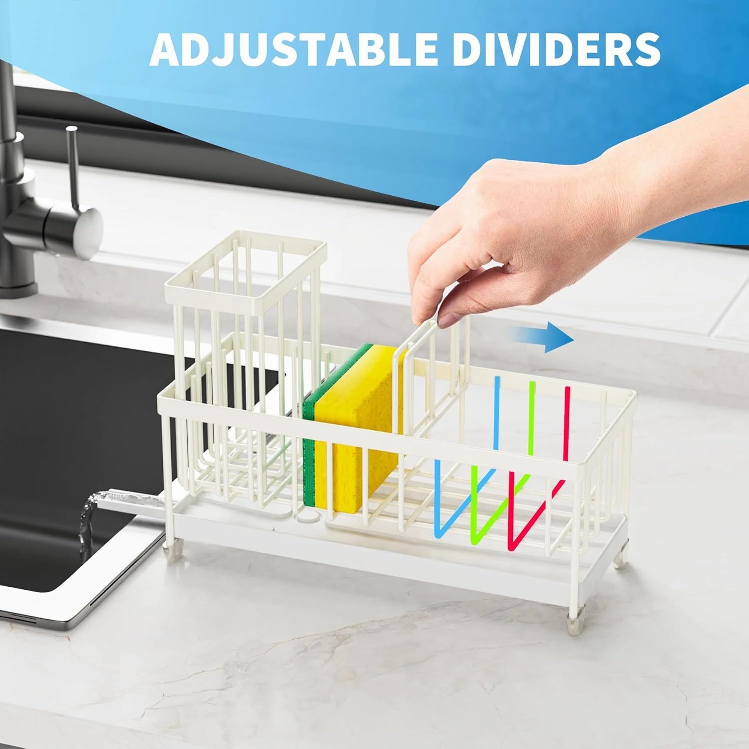 Cisily Off White Sponge Holder for Kitchen Sink, Sink Caddy Organizer with High Brush Holder, Countertop Rustproof 304 Stainless Steel, Soap Dispenser Organizers and Storage Essentials