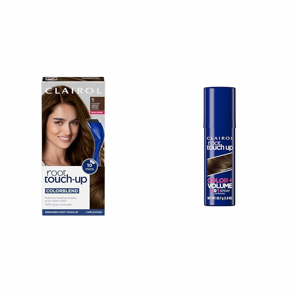 Clairol Root Touch-Up by Nice'n Easy Permanent Hair Dye, 5 Medium Brown Hair Color, Pack of 1 1 & Root Touch-Up Color   Volume 2-in-1 Temporary Hair Coloring Spray,