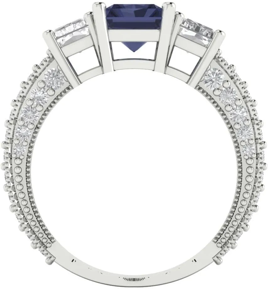 Clara Pucci 4.26 ct Emerald Round Cut Solitaire 3 stone VVS1 Blue Sapphire Designer Anniversary Bridal Engagement Ring 14k White Gold