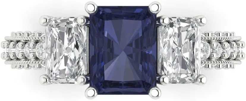 Clara Pucci 4.26 ct Emerald Round Cut Solitaire 3 stone VVS1 Blue Sapphire Designer Anniversary Bridal Engagement Ring 14k White Gold