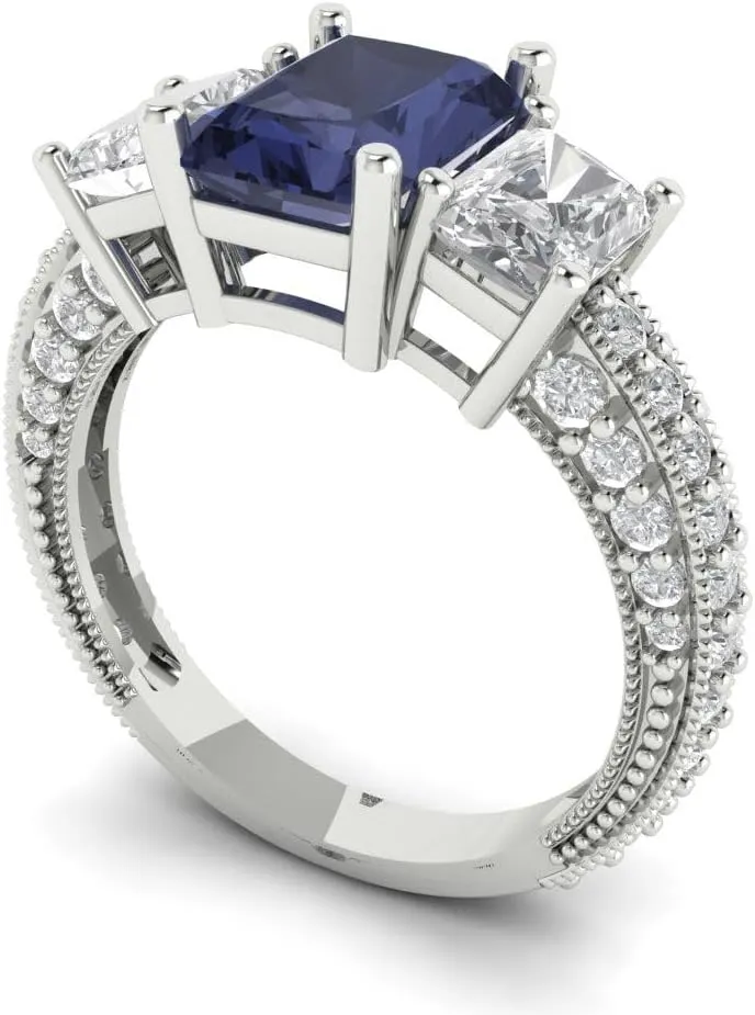 Clara Pucci 4.26 ct Emerald Round Cut Solitaire 3 stone VVS1 Blue Sapphire Designer Anniversary Bridal Engagement Ring 14k White Gold