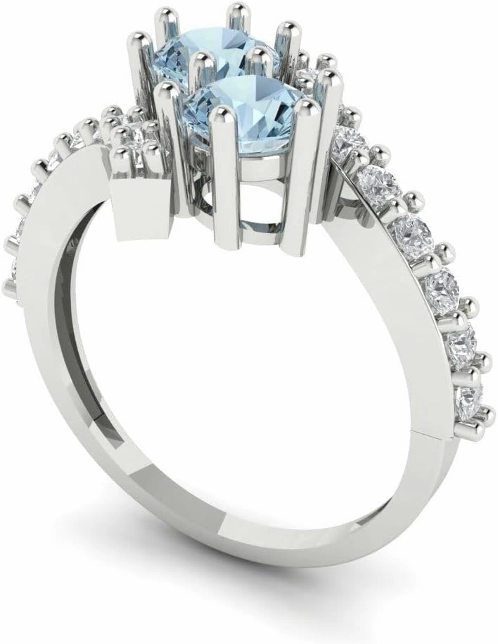 Clara Pucci 1.92ct Round Cut 2 stone Solitaire Sky Blue Aquamarine Designer Wedding Bridal art deco Anniversary Ring 14k White Gold