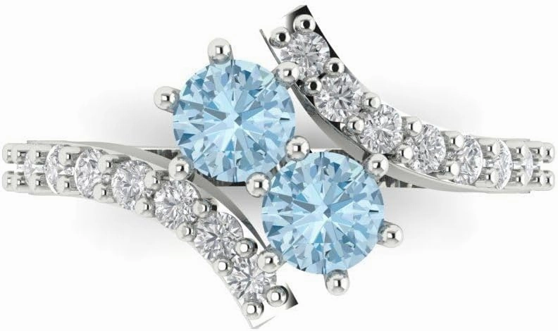 Clara Pucci 1.92ct Round Cut 2 stone Solitaire Sky Blue Aquamarine Designer Wedding Bridal art deco Anniversary Ring 14k White Gold