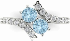 Clara Pucci 1.92ct Round Cut 2 stone Solitaire Sky Blue Aquamarine Designer Wedding Bridal art deco Anniversary Ring 14k White Gold