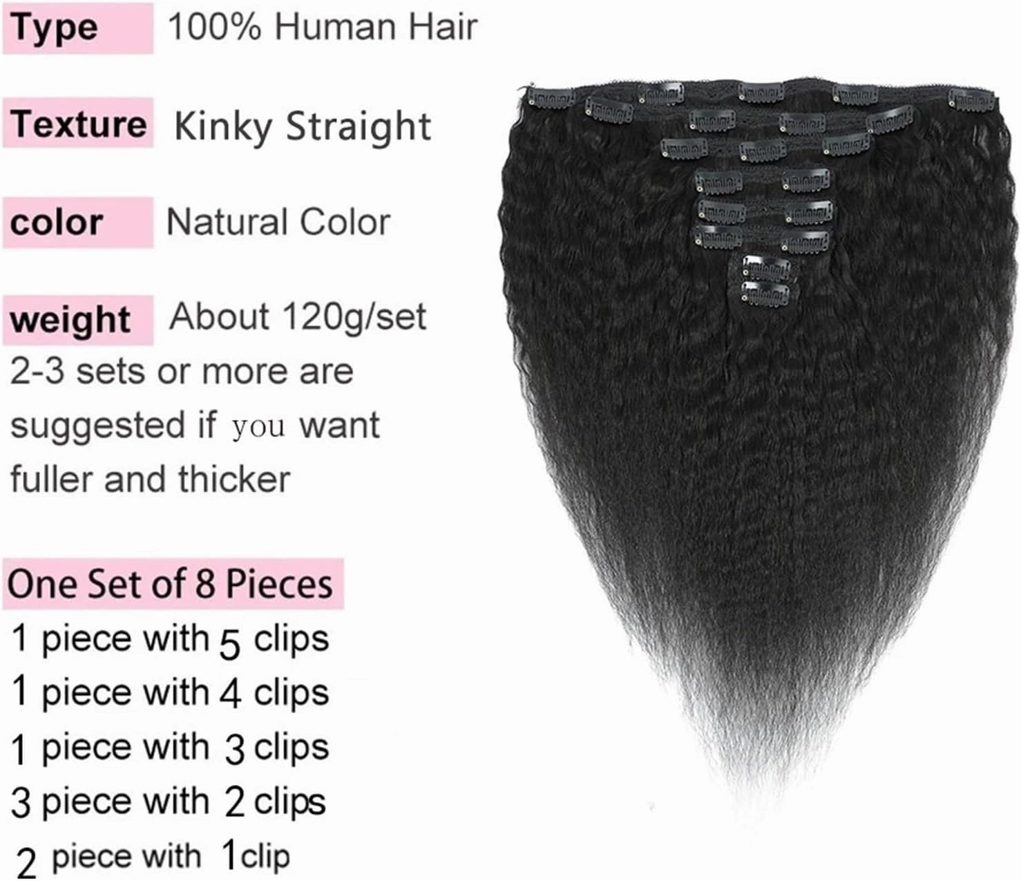 Clip in Hair Extensions Kinky Straight Clip in Hair Extensions 8-26" Thick Brazilian 100% Remy Hair Natural Black 8 Pieces with 20 Clips 120g/160g per Set Fit For Full Head Human Hair Extensions Clip(