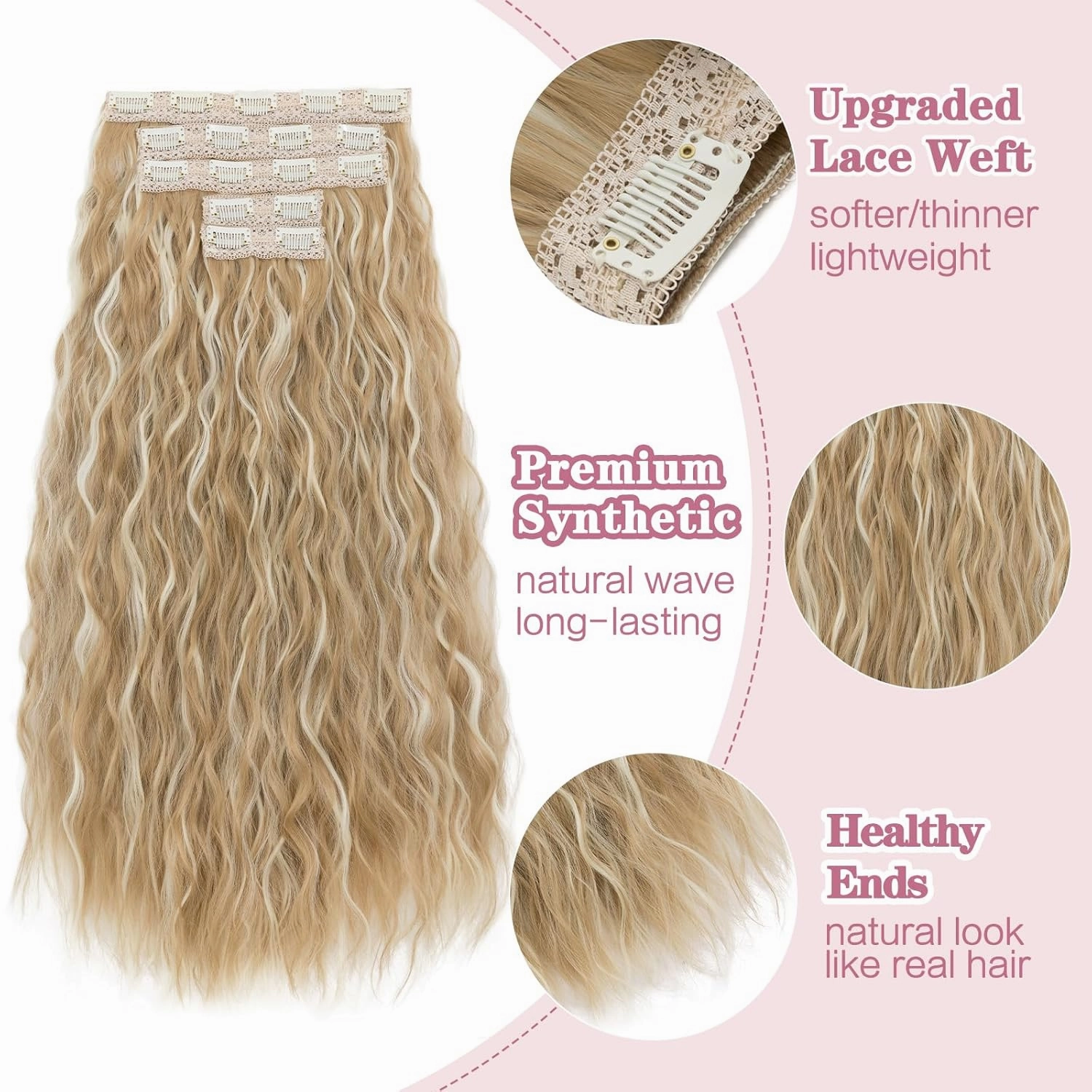 Clip in Hair Extensions Lace Weft 5PCS Hair Extensions Thick 24" Long Loose Waves Curly Lightweight Synthetic Hairpieces for Women 24/26P613