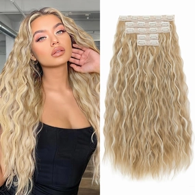 Clip in Hair Extensions Lace Weft 5PCS Hair Extensions Thick 24" Long Loose Waves Curly Lightweight Synthetic Hairpieces for Women 24/26P613