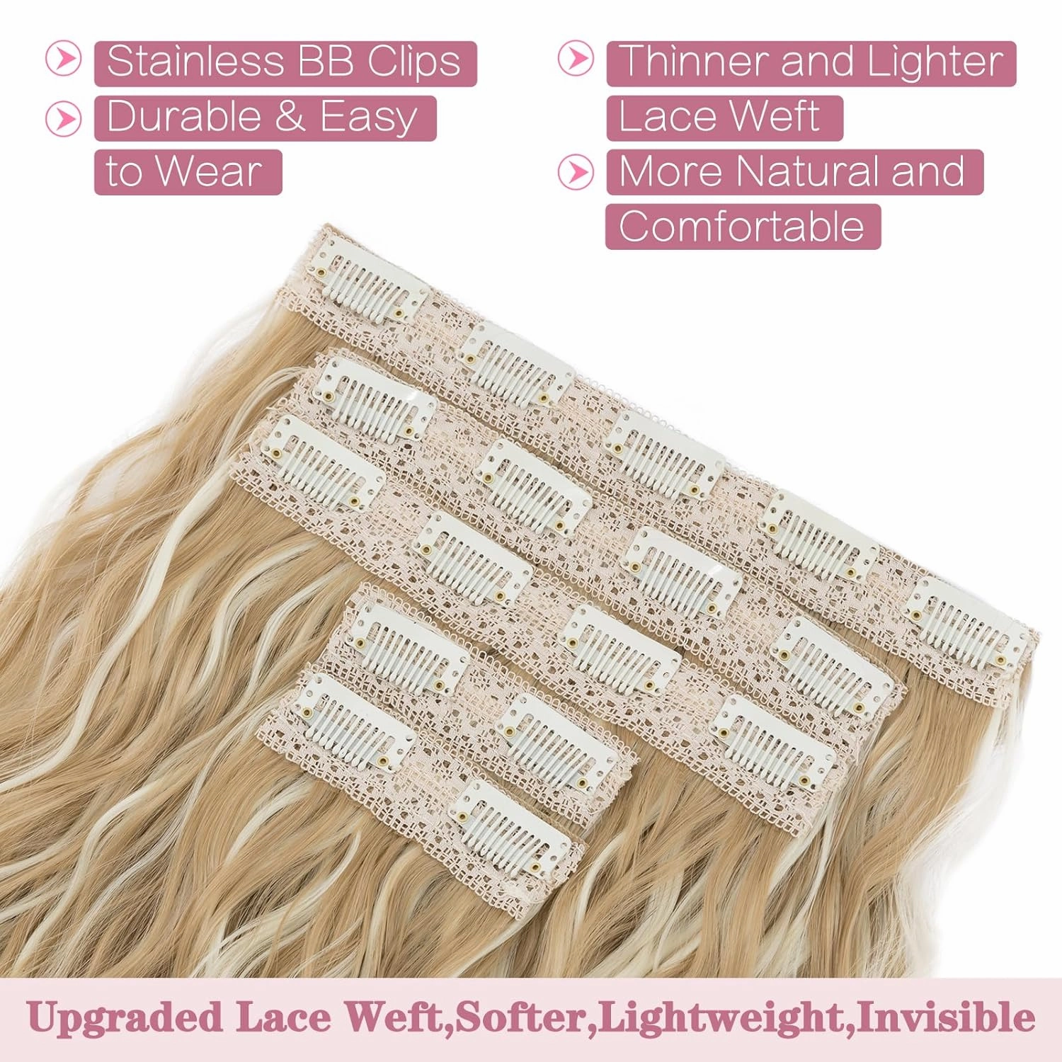Clip in Hair Extensions Lace Weft 5PCS Hair Extensions Thick 24" Long Loose Waves Curly Lightweight Synthetic Hairpieces for Women 24/26P613