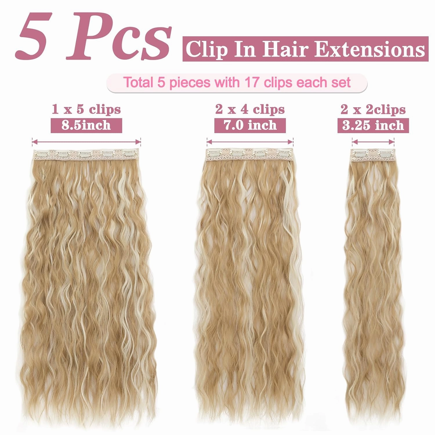 Clip in Hair Extensions Lace Weft 5PCS Hair Extensions Thick 24" Long Loose Waves Curly Lightweight Synthetic Hairpieces for Women 24/26P613