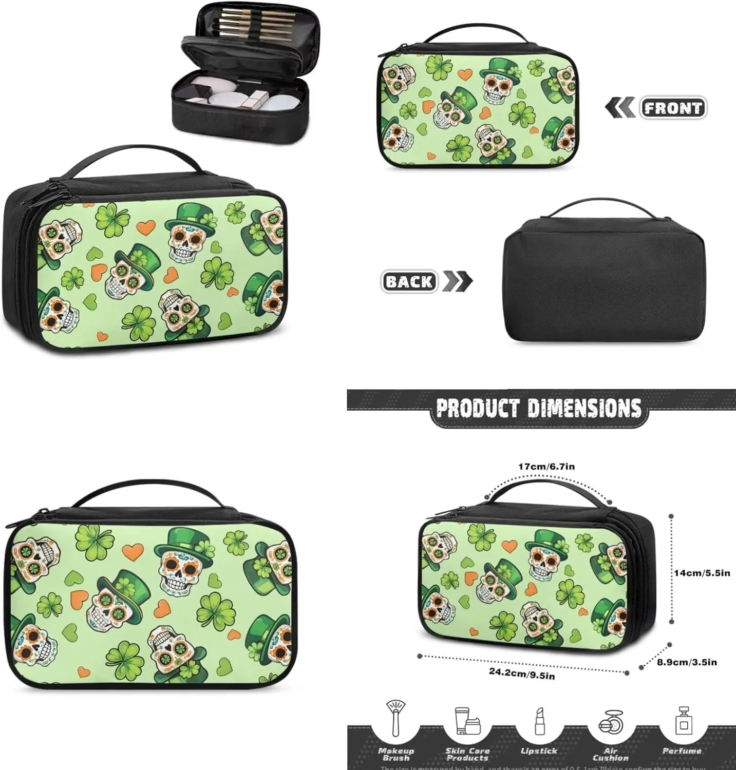 COEQINE 3 Pieces Makeup Train Case Green Leaves Skull Gothic Cosmetic Bag Elegant Roomy Makeup Case Lipstick Pouch Zipper With Compartment Leather Lipstic Makeup Brush Case With Coin Purse