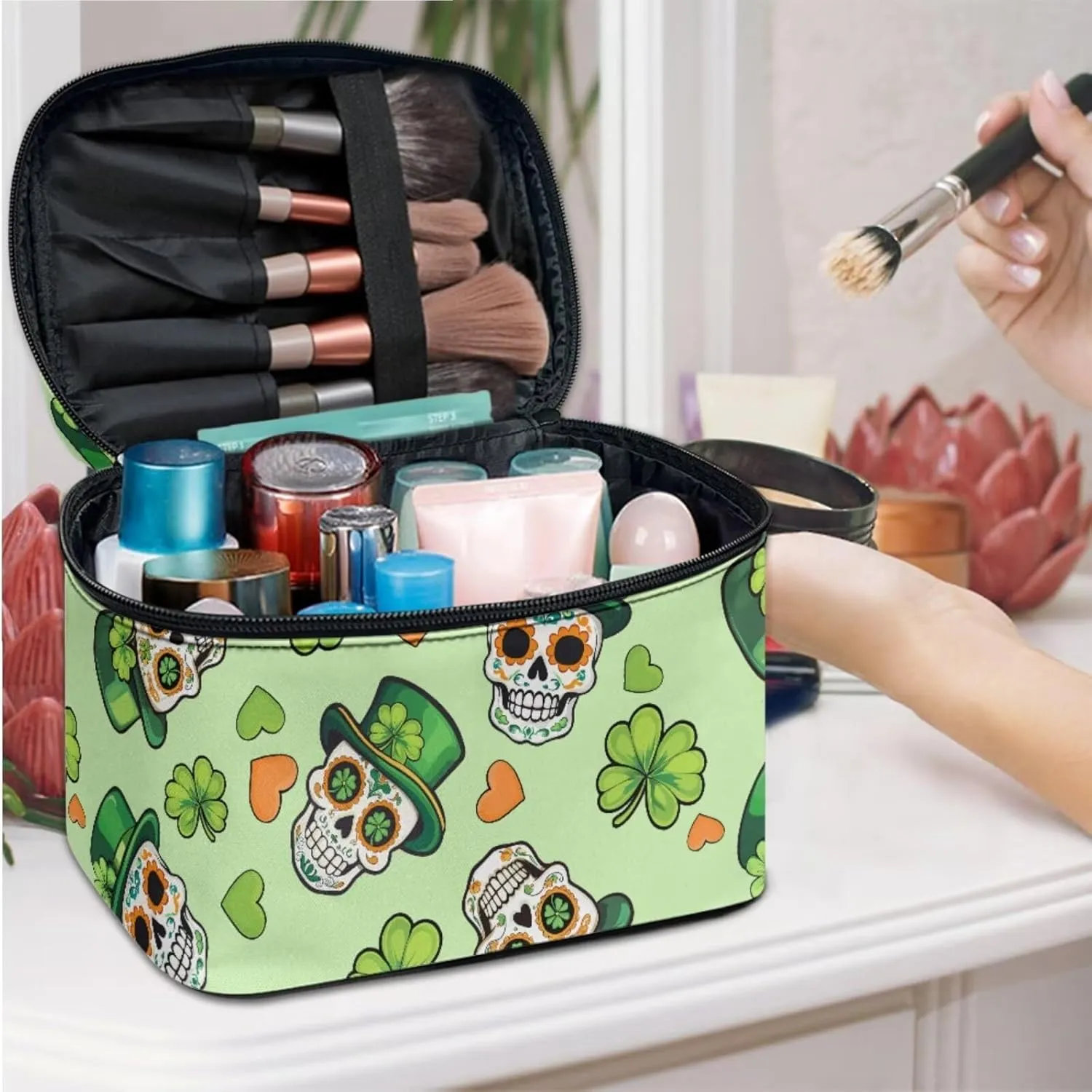 COEQINE 3 Pieces Makeup Train Case Green Leaves Skull Gothic Cosmetic Bag Elegant Roomy Makeup Case Lipstick Pouch Zipper With Compartment Leather Lipstic Makeup Brush Case With Coin Purse