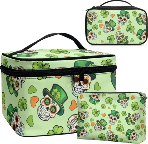 COEQINE 3 Pieces Makeup Train Case Green Leaves Skull Gothic Cosmetic Bag Elegant Roomy Makeup Case Lipstick Pouch Zipper With Compartment Leather Lipstic Makeup Brush Case With Coin Purse