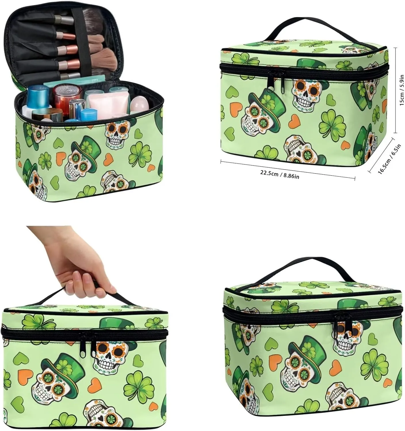 COEQINE 3 Pieces Makeup Train Case Green Leaves Skull Gothic Cosmetic Bag Elegant Roomy Makeup Case Lipstick Pouch Zipper With Compartment Leather Lipstic Makeup Brush Case With Coin Purse