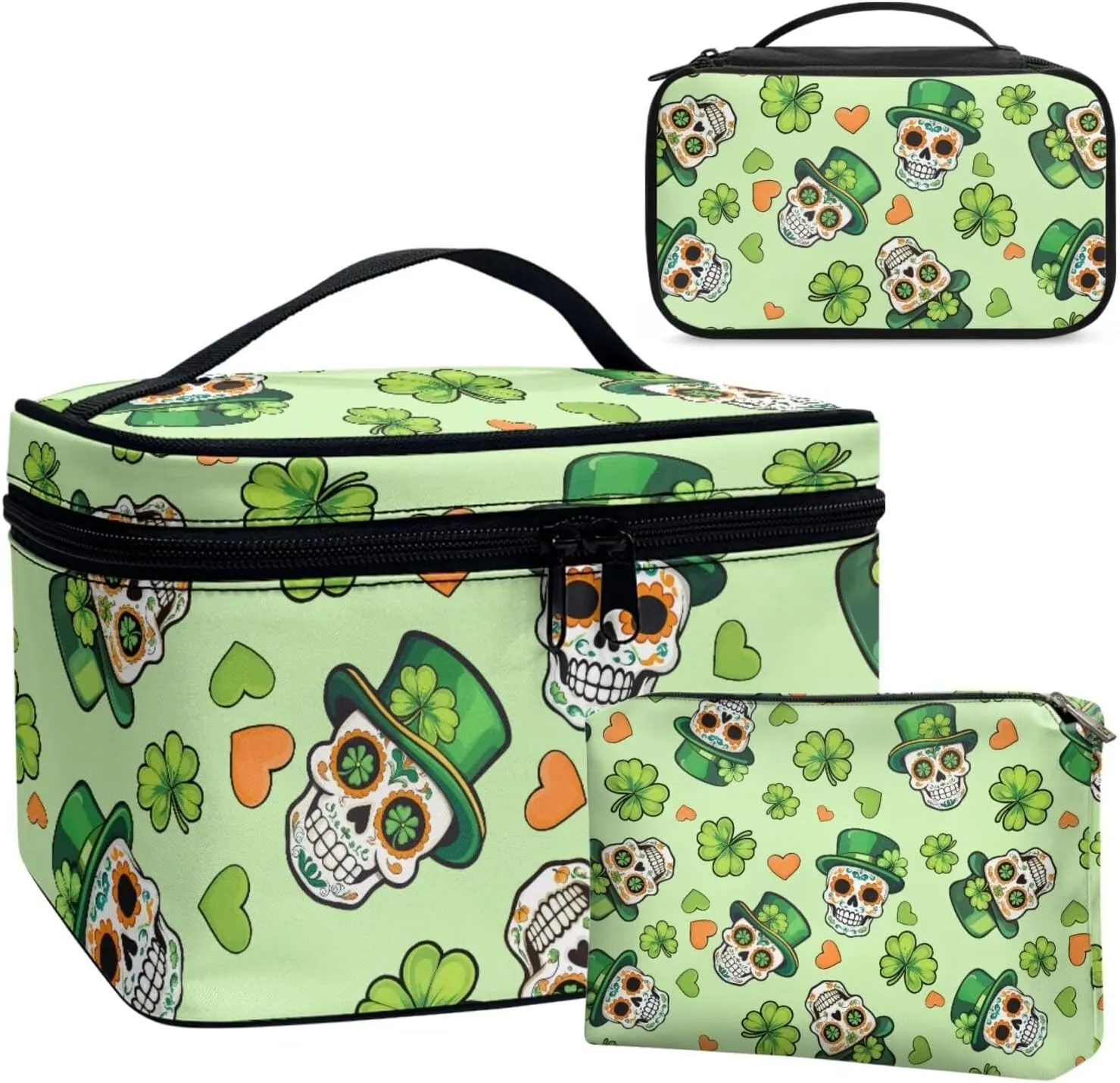 COEQINE 3 Pieces Makeup Train Case Green Leaves Skull Gothic Cosmetic Bag Elegant Roomy Makeup Case Lipstick Pouch Zipper With Compartment Leather Lipstic Makeup Brush Case With Coin Purse
