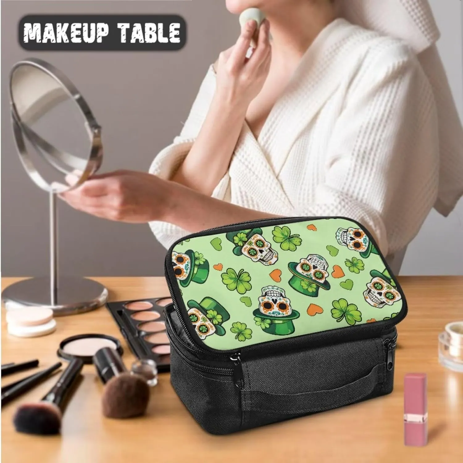 COEQINE 3 Pieces Makeup Train Case Green Leaves Skull Gothic Cosmetic Bag Elegant Roomy Makeup Case Lipstick Pouch Zipper With Compartment Leather Lipstic Makeup Brush Case With Coin Purse