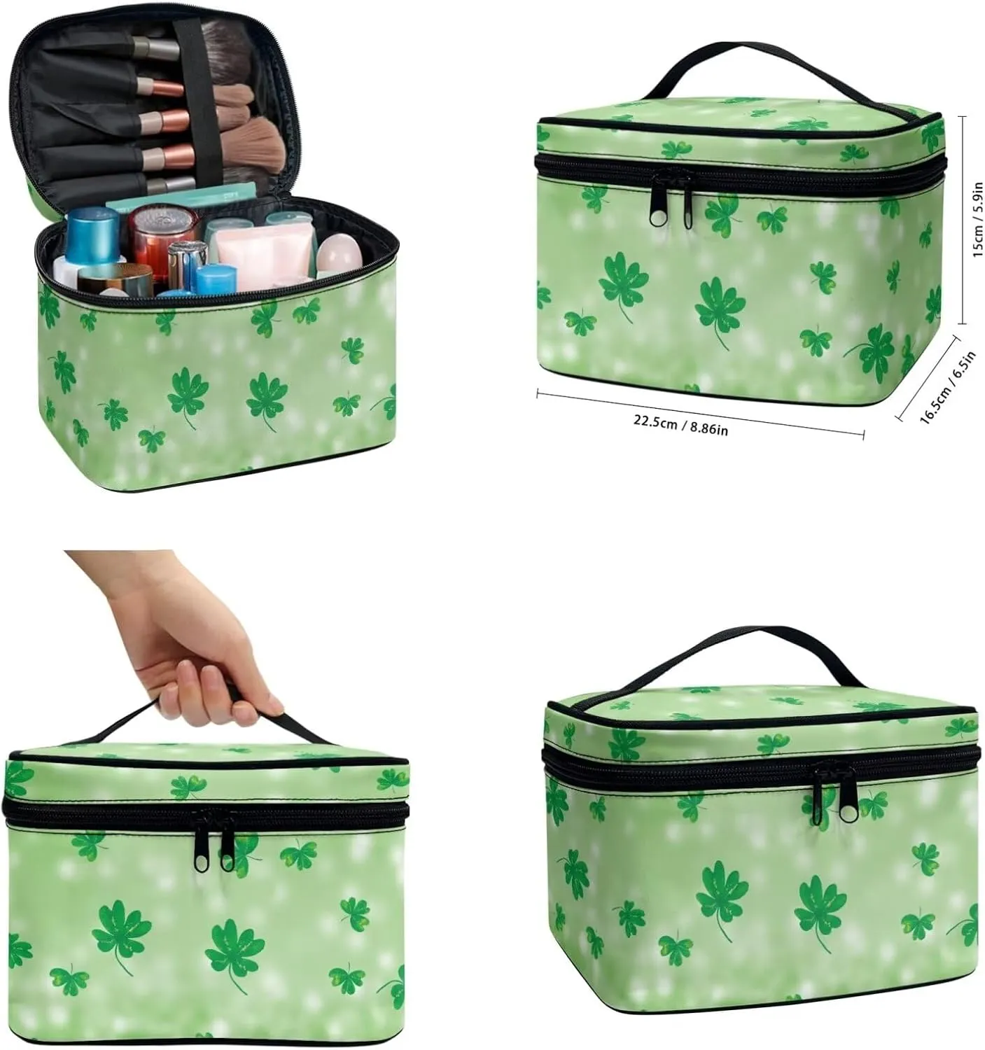 COEQINE Green Makeup Bag for Women Travel Patty'S Day 3pcs Leaves Travel Makeup Bag Cosmetic Train Case Portable Makeup Artist Organizer Bag With Double Layer Makeup Brush Holder Pu Wallet