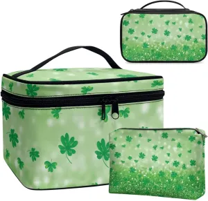 COEQINE Green Makeup Bag for Women Travel Patty'S Day 3pcs Leaves Travel Makeup Bag Cosmetic Train Case Portable Makeup Artist Organizer Bag With Double Layer Makeup Brush Holder Pu Wallet
