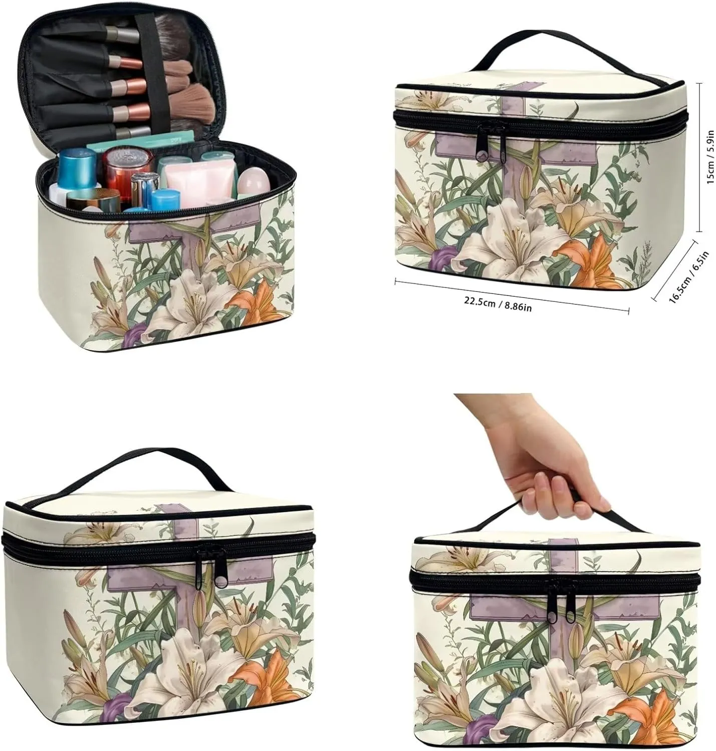 COEQINE Large Makeup Cosmetic Floral 3 Pc Set Bag for Women Yellow Cross Lily Easter Eggs Cosmetic bag Makeup bag Preppy Cute Corduroy Toiletry Bag For Women Travel Essentials