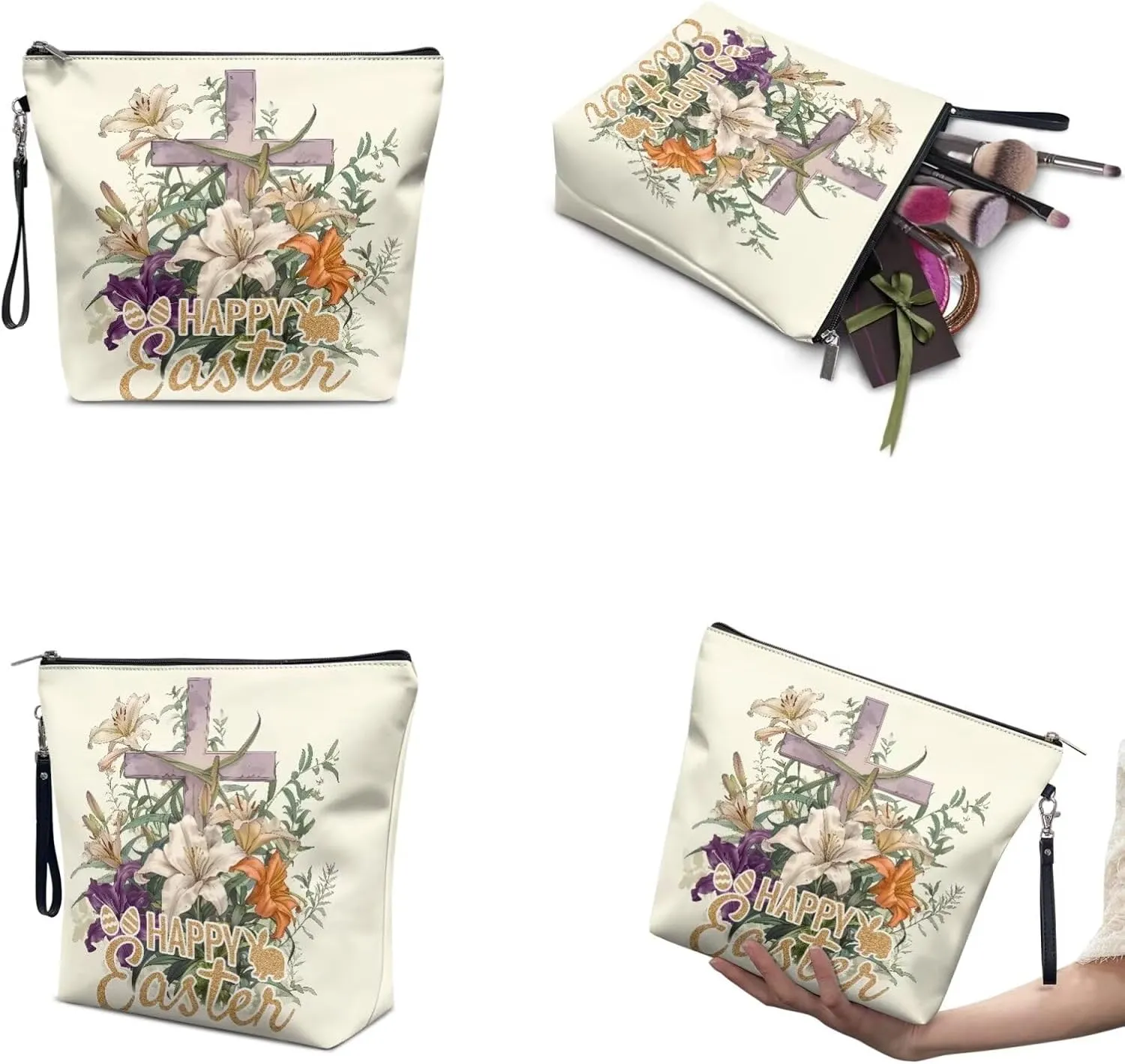 COEQINE Large Makeup Cosmetic Floral 3 Pc Set Bag for Women Yellow Cross Lily Easter Eggs Cosmetic bag Makeup bag Preppy Cute Corduroy Toiletry Bag For Women Travel Essentials