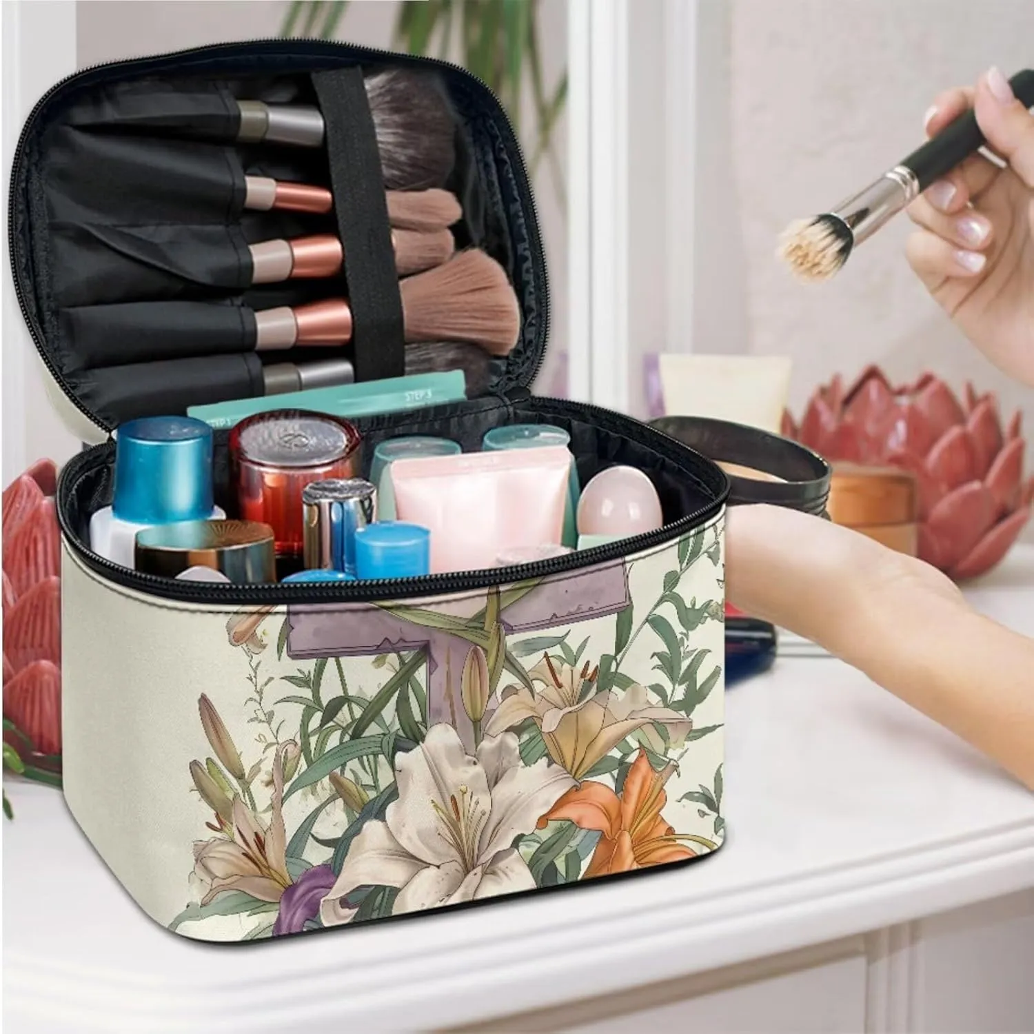 COEQINE Large Makeup Cosmetic Floral 3 Pc Set Bag for Women Yellow Cross Lily Easter Eggs Cosmetic bag Makeup bag Preppy Cute Corduroy Toiletry Bag For Women Travel Essentials
