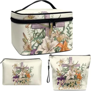COEQINE Large Makeup Cosmetic Floral 3 Pc Set Bag for Women Yellow Cross Lily Easter Eggs Cosmetic bag Makeup bag Preppy Cute Corduroy Toiletry Bag For Women Travel Essentials