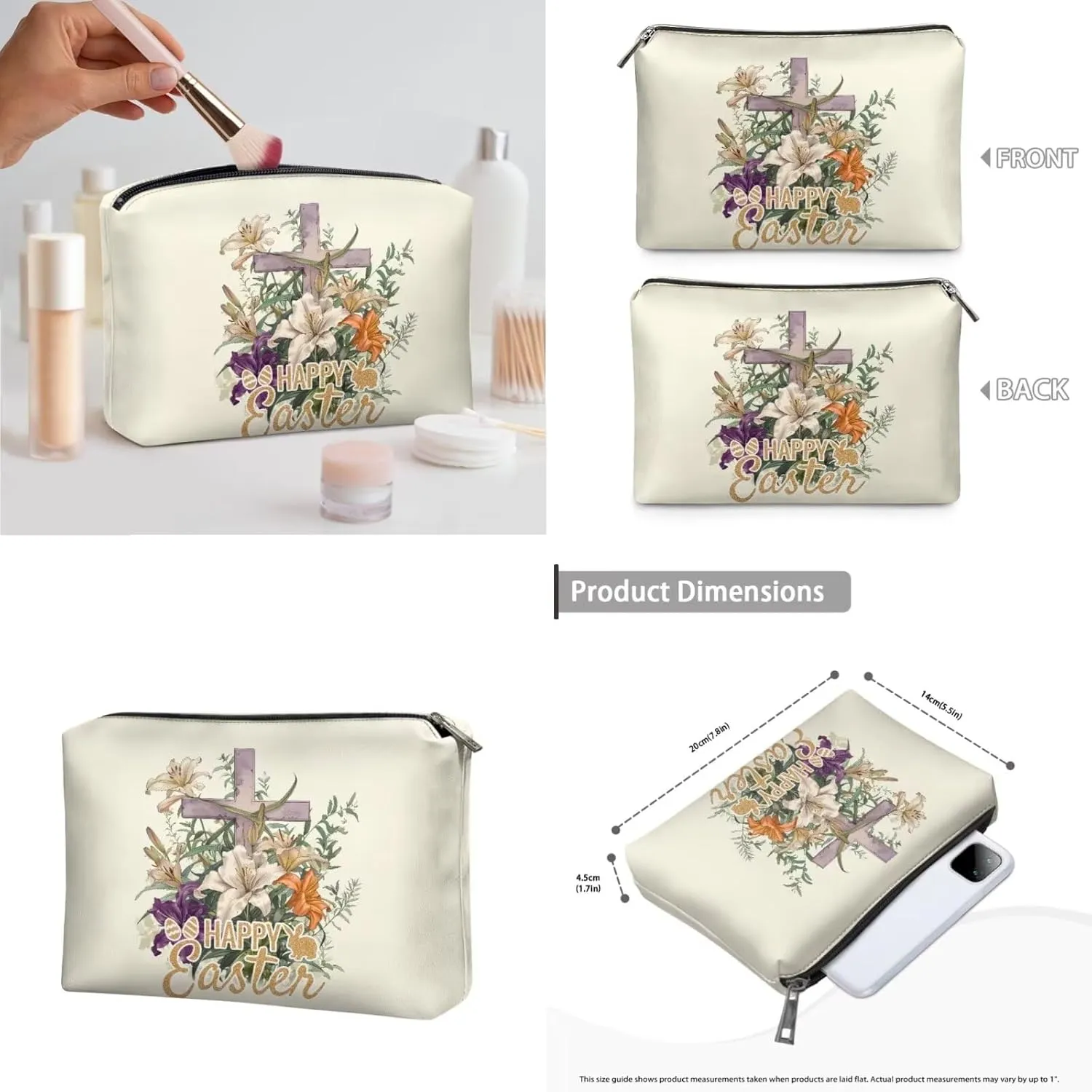 COEQINE Large Makeup Cosmetic Floral 3 Pc Set Bag for Women Yellow Cross Lily Easter Eggs Cosmetic bag Makeup bag Preppy Cute Corduroy Toiletry Bag For Women Travel Essentials