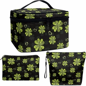COEQINE 3 Pieces Makeup Bag Set Green Large Makeup Bag With Leather Waterproof Black Luck Leaves Aesthetic Toiletry Bag, Travel Make Up Organizer Bag