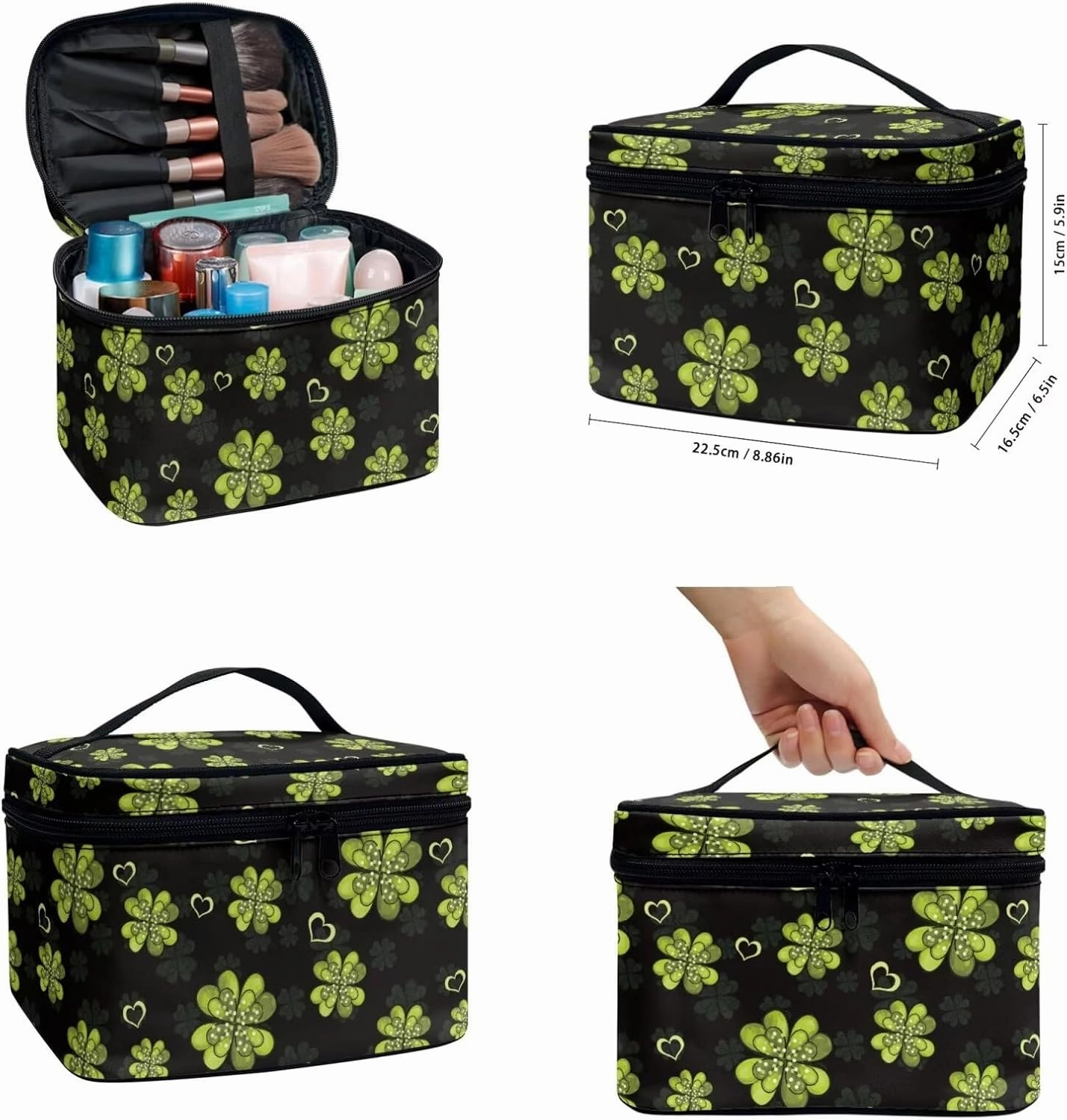 COEQINE 3 Pieces Makeup Bag Set Green Large Makeup Bag With Leather Waterproof Black Luck Leaves Aesthetic Toiletry Bag, Travel Make Up Organizer Bag
