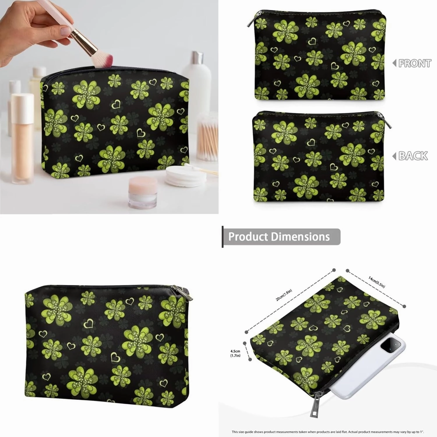 COEQINE 3 Pieces Makeup Bag Set Green Large Makeup Bag With Leather Waterproof Black Luck Leaves Aesthetic Toiletry Bag, Travel Make Up Organizer Bag