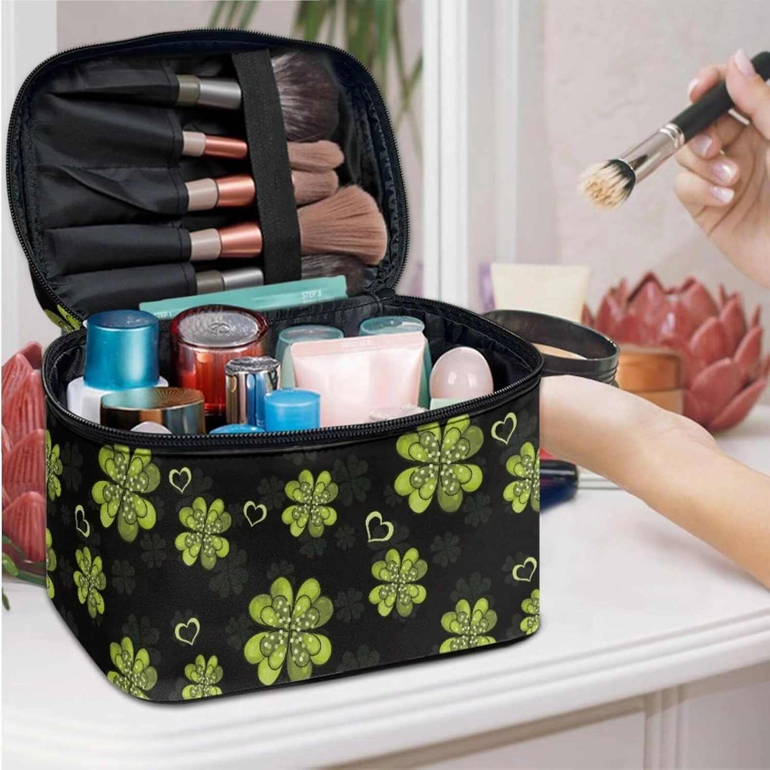 COEQINE 3 Pieces Makeup Bag Set Green Large Makeup Bag With Leather Waterproof Black Luck Leaves Aesthetic Toiletry Bag, Travel Make Up Organizer Bag
