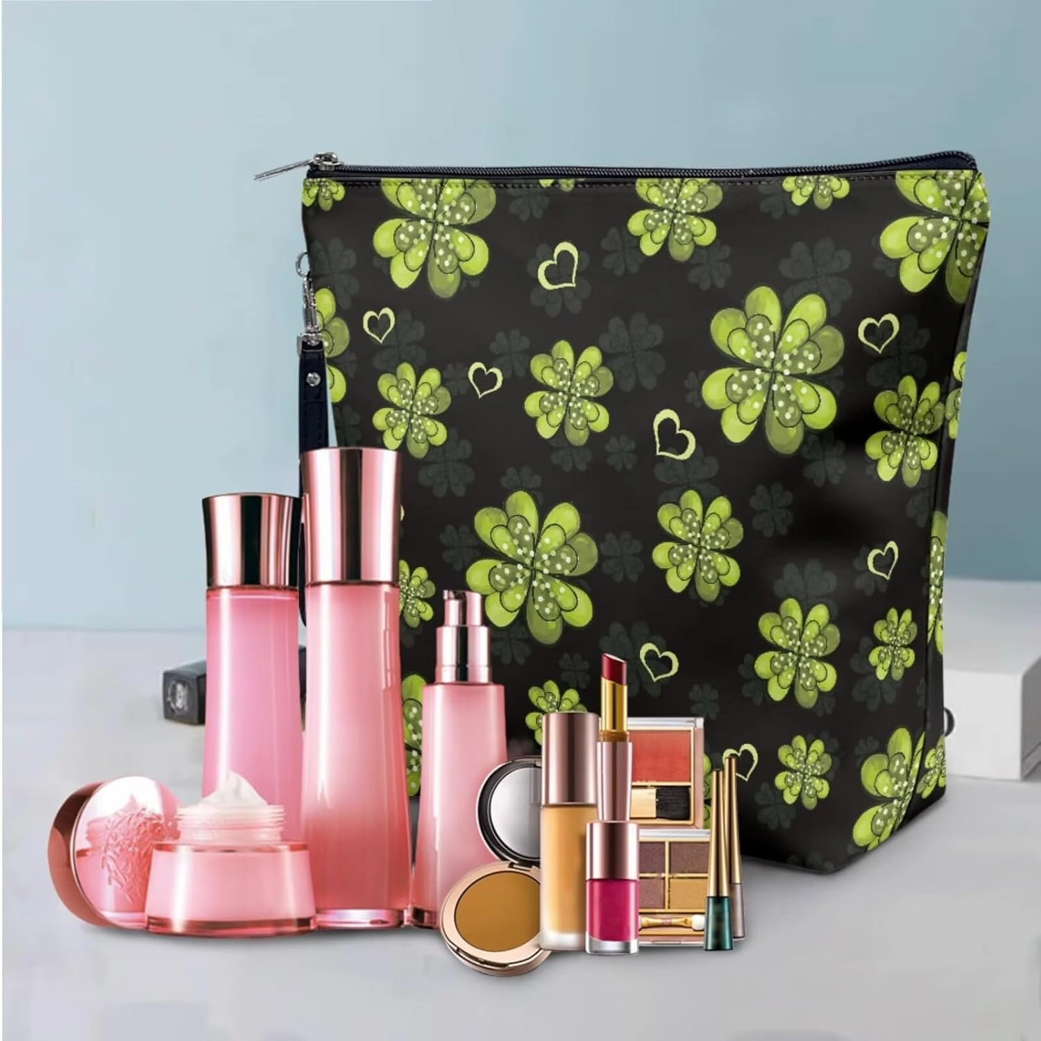 COEQINE 3 Pieces Makeup Bag Set Green Large Makeup Bag With Leather Waterproof Black Luck Leaves Aesthetic Toiletry Bag, Travel Make Up Organizer Bag