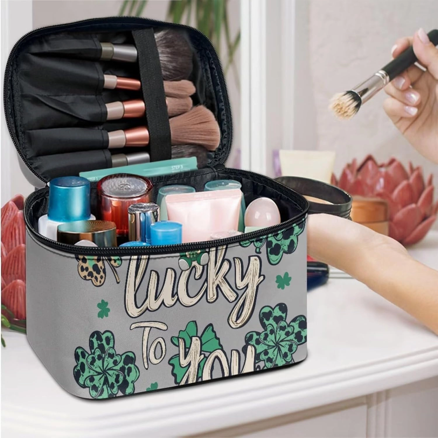 COEQINE 3 Pieces Makeup Train Case Green Lucky Gray Large Makeup Bag Set for Women Travel Double Layer Large Makeup Bag Zipper Pouch Travel Cosmetic Bag Organizer Women Waterproof Purse