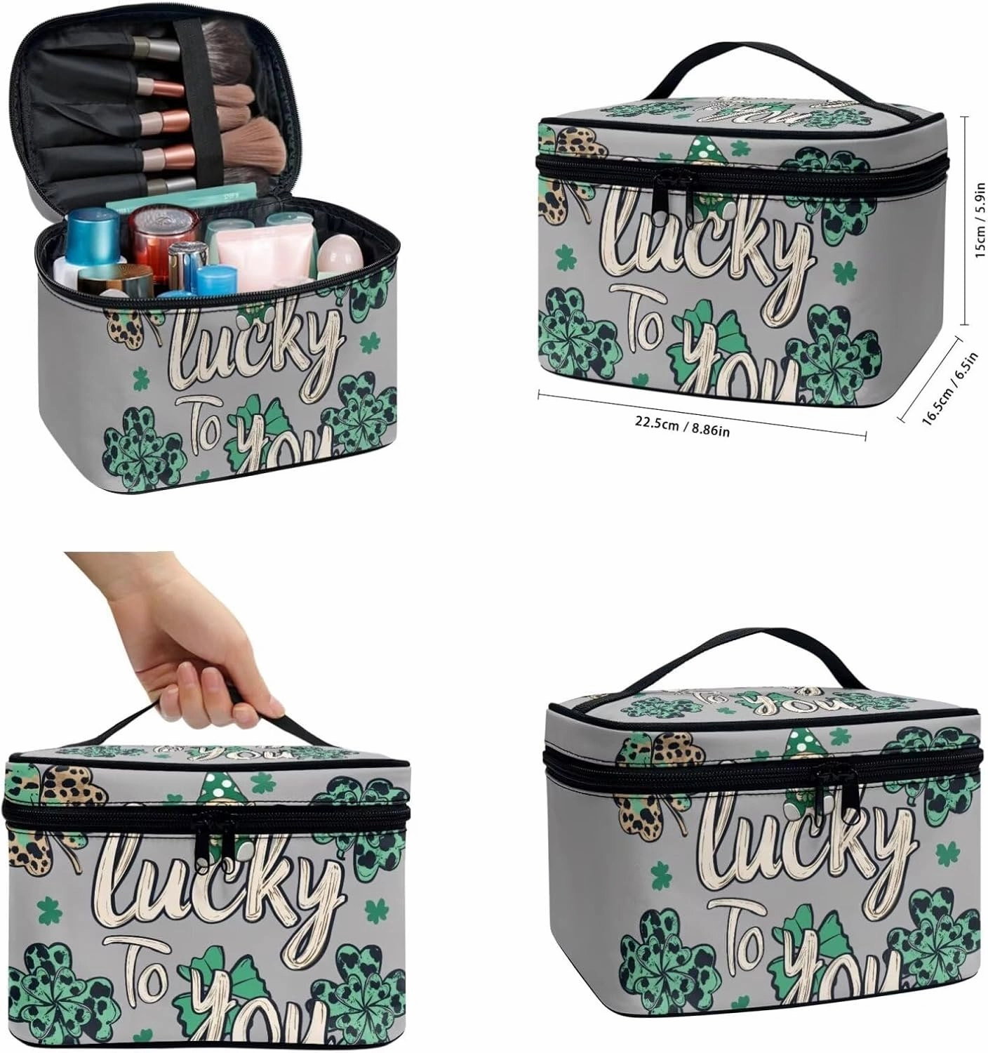 COEQINE 3 Pieces Makeup Train Case Green Lucky Gray Large Makeup Bag Set for Women Travel Double Layer Large Makeup Bag Zipper Pouch Travel Cosmetic Bag Organizer Women Waterproof Purse