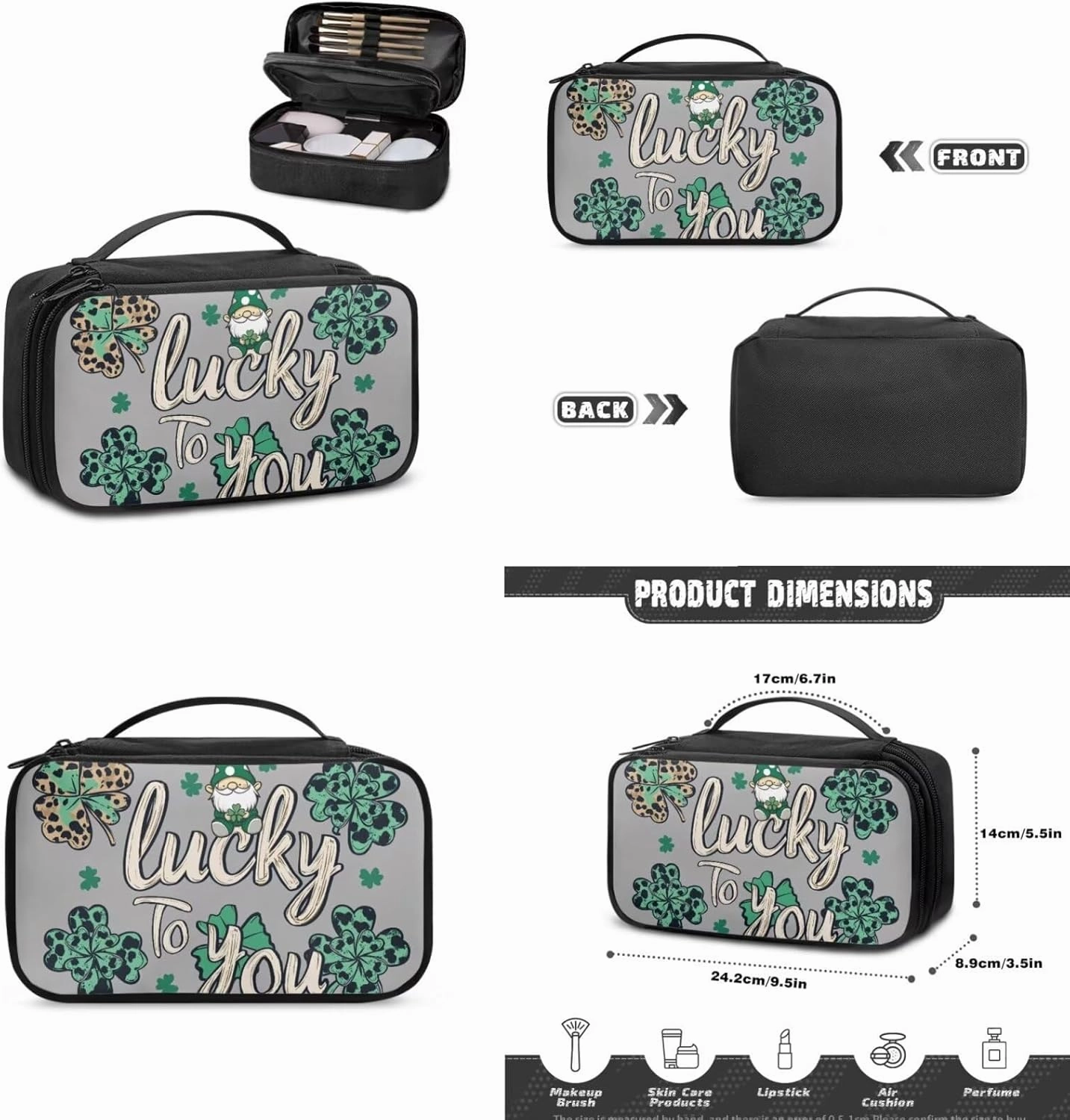 COEQINE 3 Pieces Makeup Train Case Green Lucky Gray Large Makeup Bag Set for Women Travel Double Layer Large Makeup Bag Zipper Pouch Travel Cosmetic Bag Organizer Women Waterproof Purse
