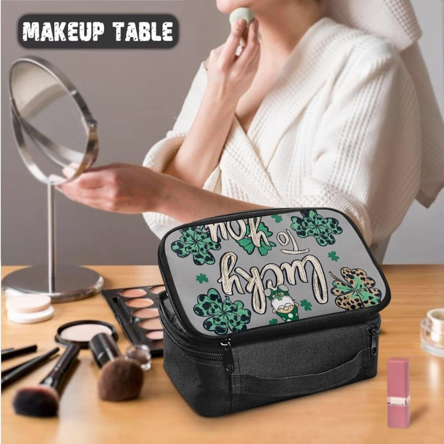 COEQINE 3 Pieces Makeup Train Case Green Lucky Gray Large Makeup Bag Set for Women Travel Double Layer Large Makeup Bag Zipper Pouch Travel Cosmetic Bag Organizer Women Waterproof Purse