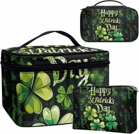 COEQINE Floral Makeup Bag for Womne Makeup Organizer 3 Pieces Happy St Paddy Day Makeup Bag for Purse Black Double Layer Cosmetick Case With Handles Portable Pu Coin Purse Mini Purse for WOmen