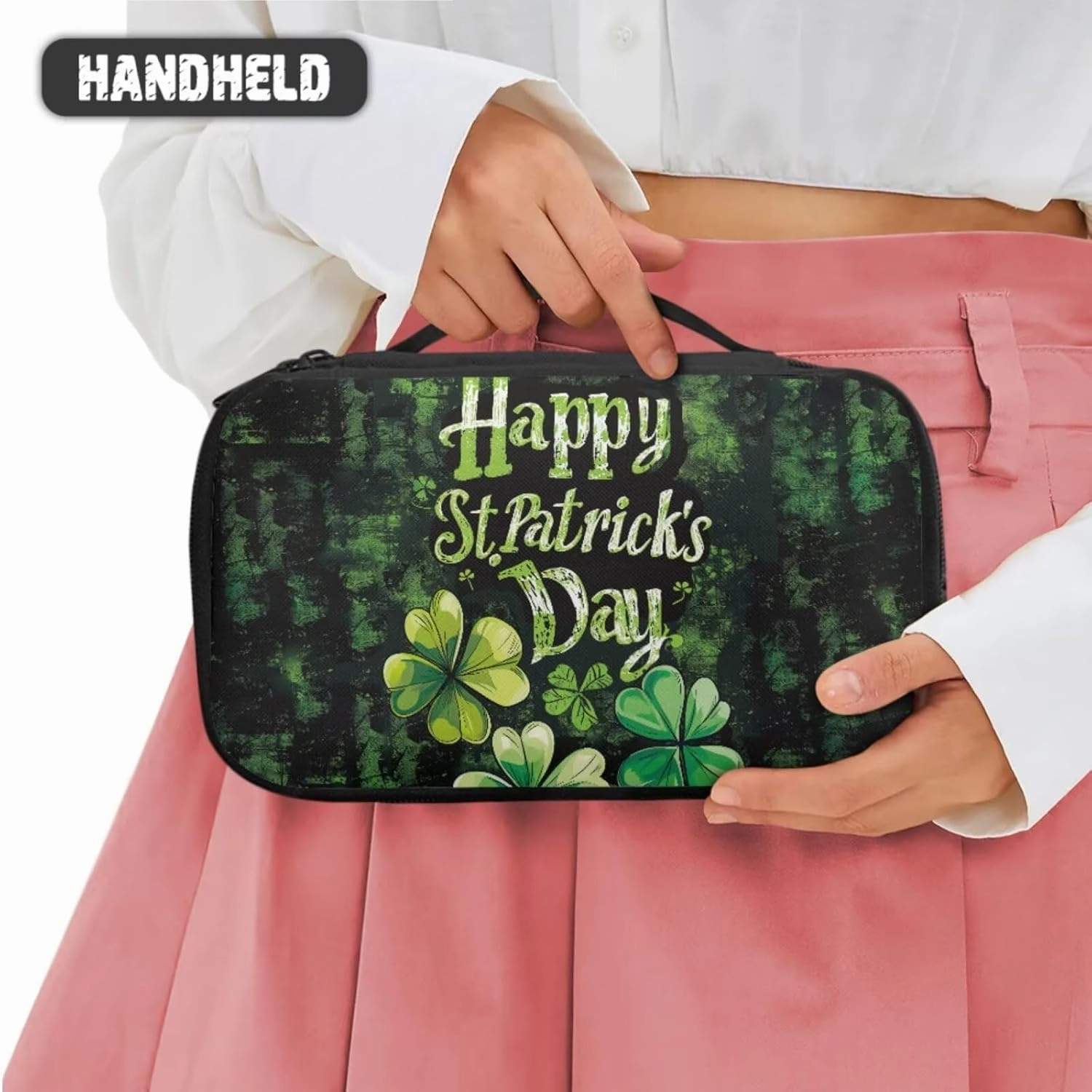 COEQINE Floral Makeup Bag for Womne Makeup Organizer 3 Pieces Happy St Paddy Day Makeup Bag for Purse Black Double Layer Cosmetick Case With Handles Portable Pu Coin Purse Mini Purse for WOmen