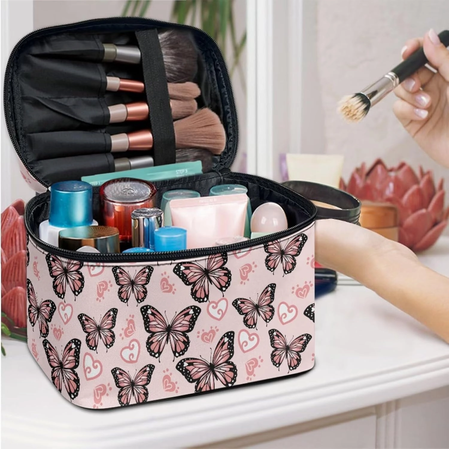 COEQINE Makeup Bag Set Of 3 Leather Large Cosmetic Case for Travel Toiletry Case Women Work Tote Bag With Handles Gothic Butterfly Makeup Brushes Holder Pack Waterproof