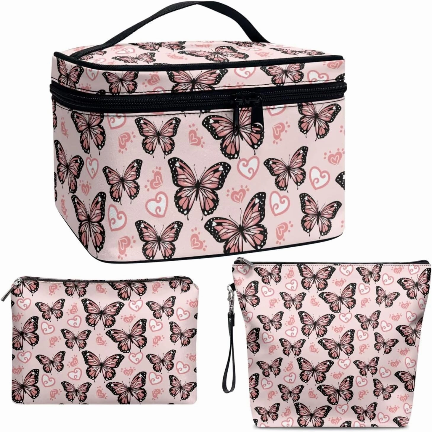 COEQINE Makeup Bag Set Of 3 Leather Large Cosmetic Case for Travel Toiletry Case Women Work Tote Bag With Handles Gothic Butterfly Makeup Brushes Holder Pack Waterproof