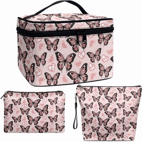 COEQINE Makeup Bag Set Of 3 Leather Large Cosmetic Case for Travel Toiletry Case Women Work Tote Bag With Handles Gothic Butterfly Makeup Brushes Holder Pack Waterproof
