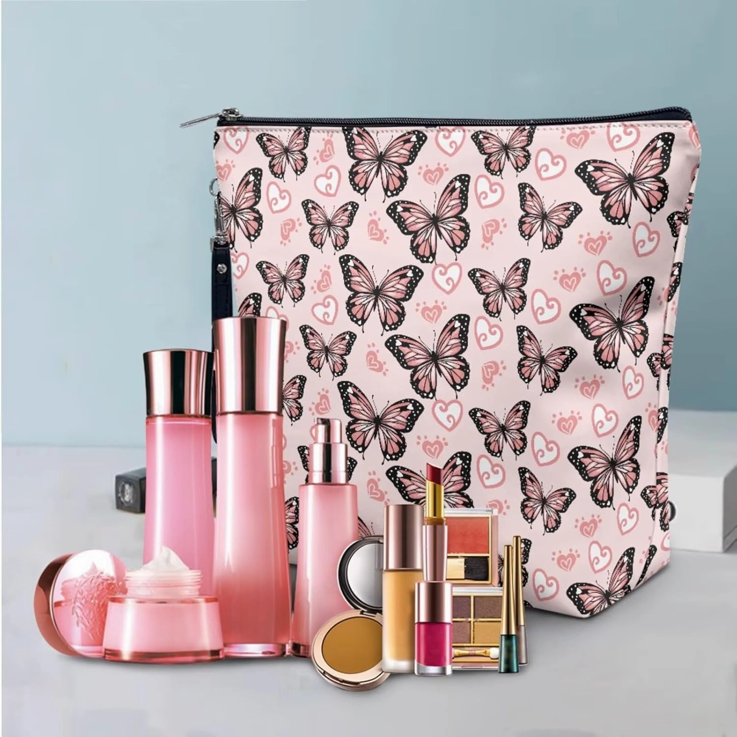 COEQINE Makeup Bag Set Of 3 Leather Large Cosmetic Case for Travel Toiletry Case Women Work Tote Bag With Handles Gothic Butterfly Makeup Brushes Holder Pack Waterproof