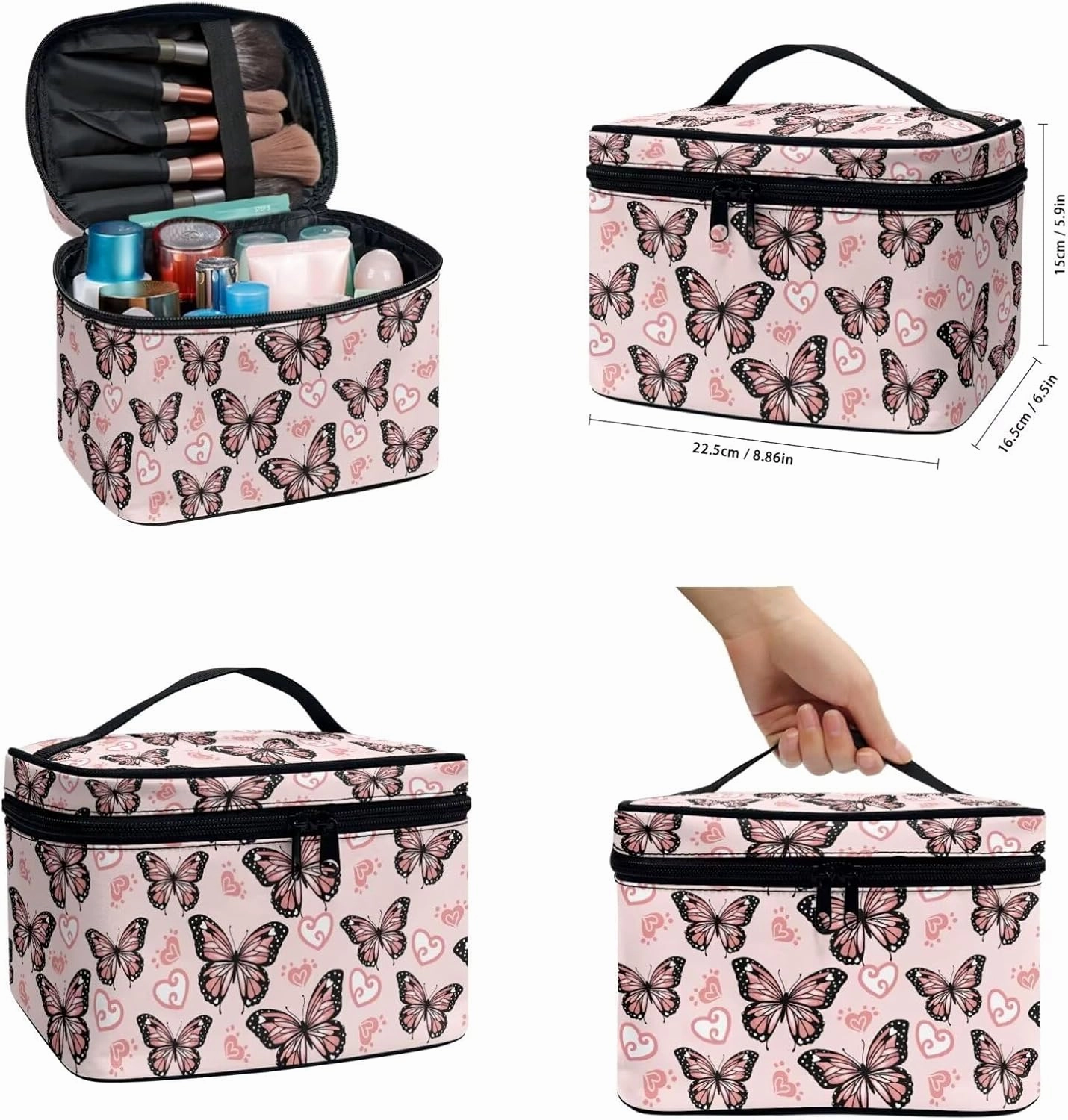 COEQINE Makeup Bag Set Of 3 Leather Large Cosmetic Case for Travel Toiletry Case Women Work Tote Bag With Handles Gothic Butterfly Makeup Brushes Holder Pack Waterproof