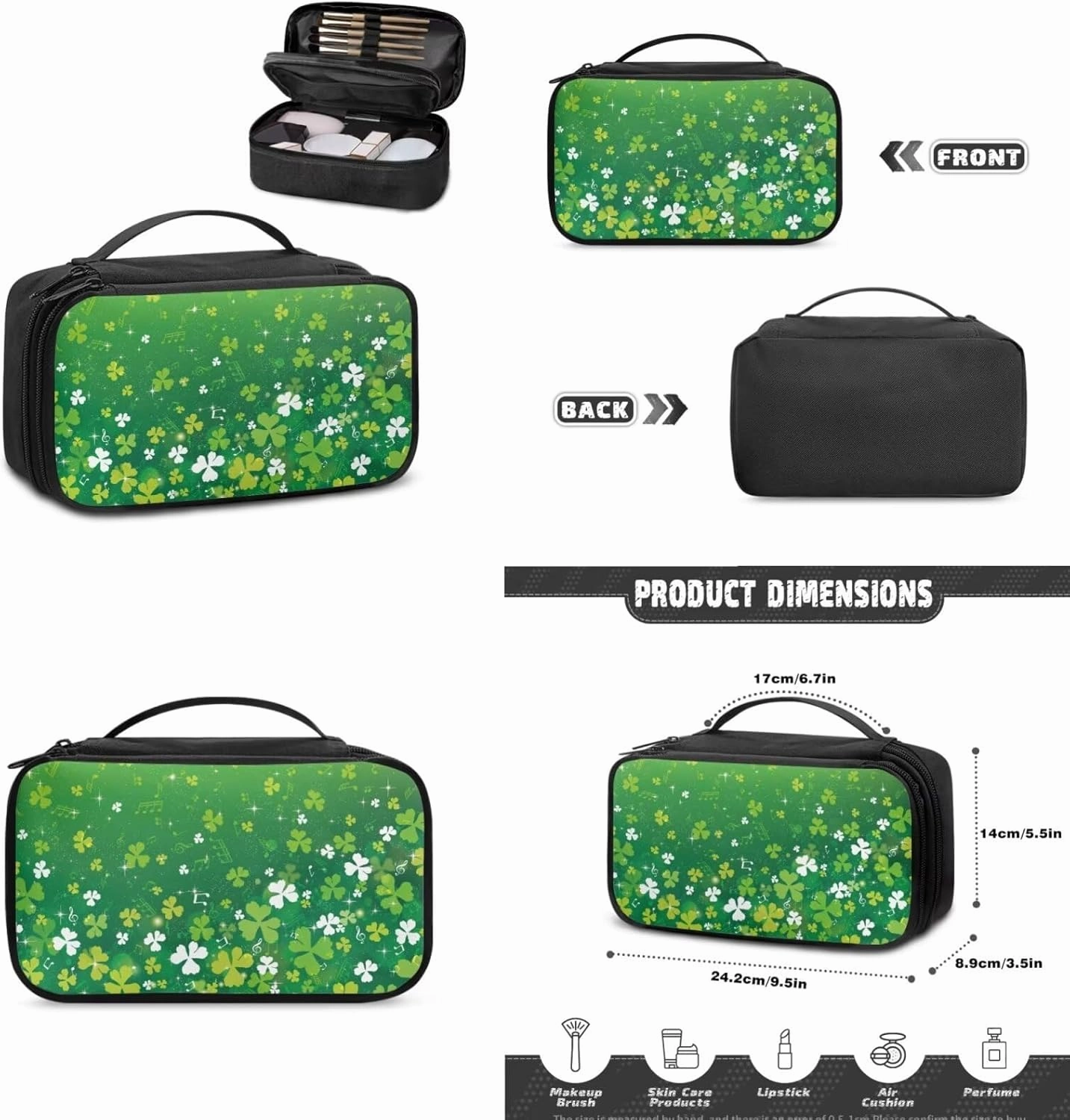 COEQINE Makeup Sponge Travel Case Green St. Patrick'S Day Party Green Leaves Travel Toiletry Bag For Women 3 Pieces Set Double Layer Makeup Brush Bag And Waterproof Coin Purse