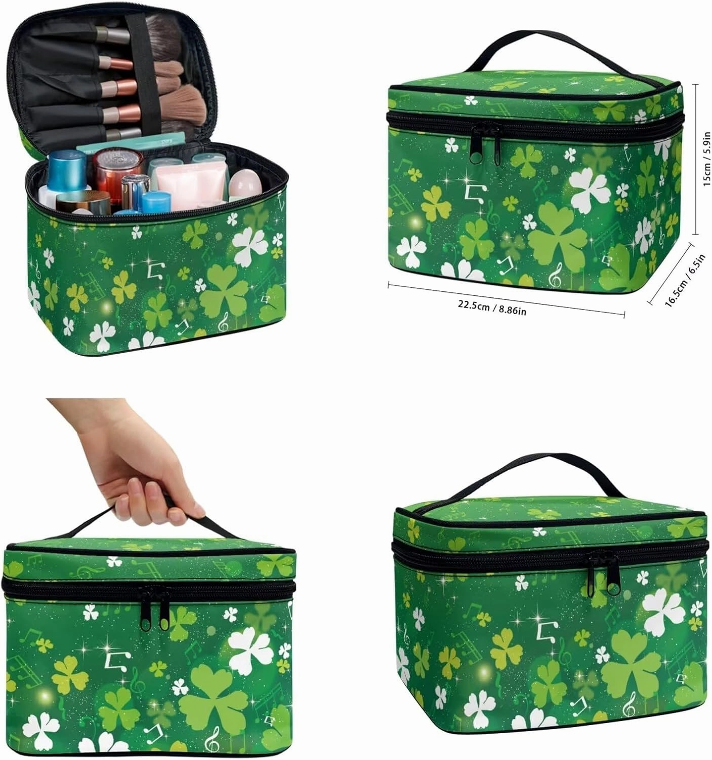 COEQINE Makeup Sponge Travel Case Green St. Patrick'S Day Party Green Leaves Travel Toiletry Bag For Women 3 Pieces Set Double Layer Makeup Brush Bag And Waterproof Coin Purse