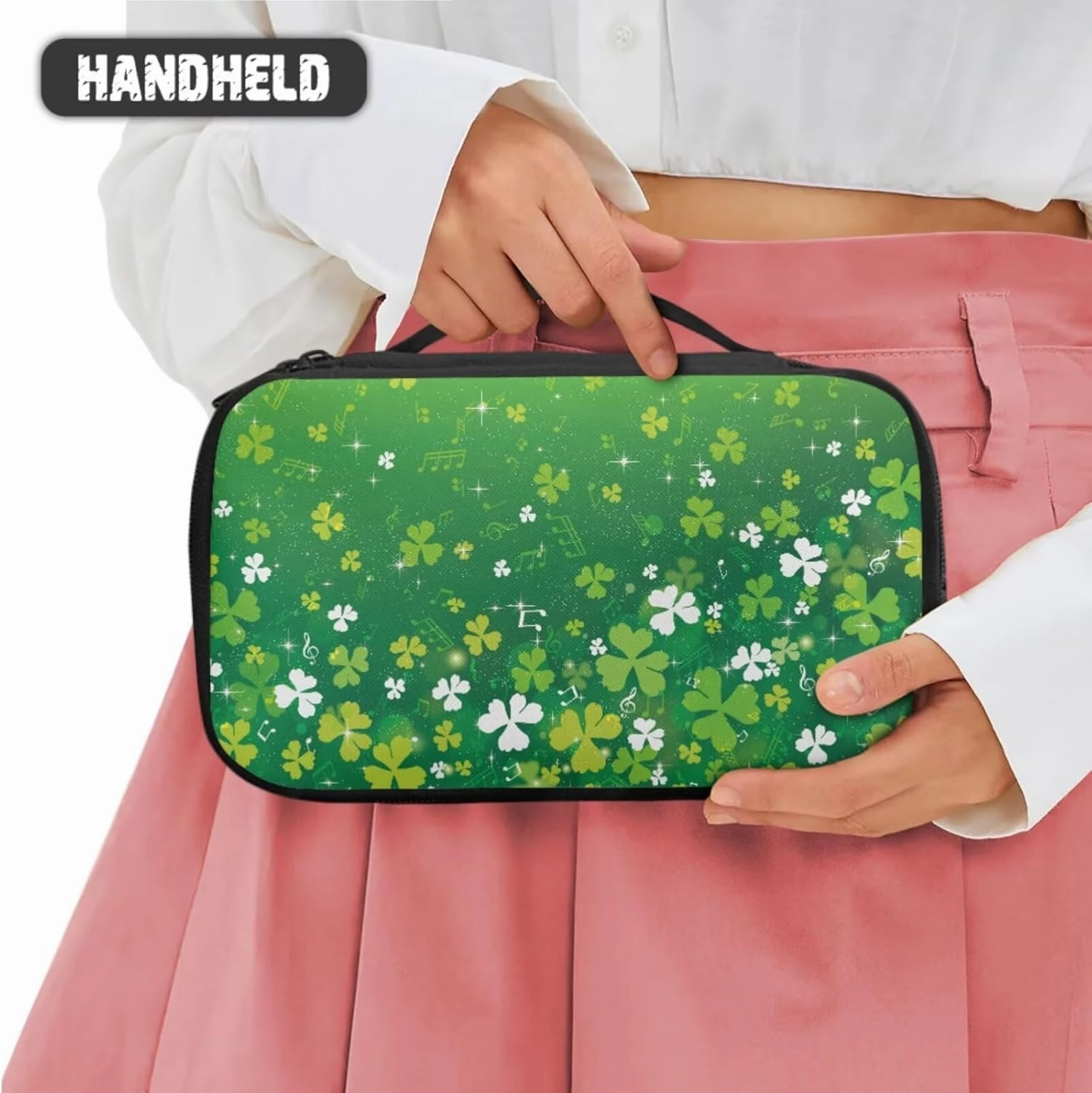 COEQINE Makeup Sponge Travel Case Green St. Patrick'S Day Party Green Leaves Travel Toiletry Bag For Women 3 Pieces Set Double Layer Makeup Brush Bag And Waterproof Coin Purse